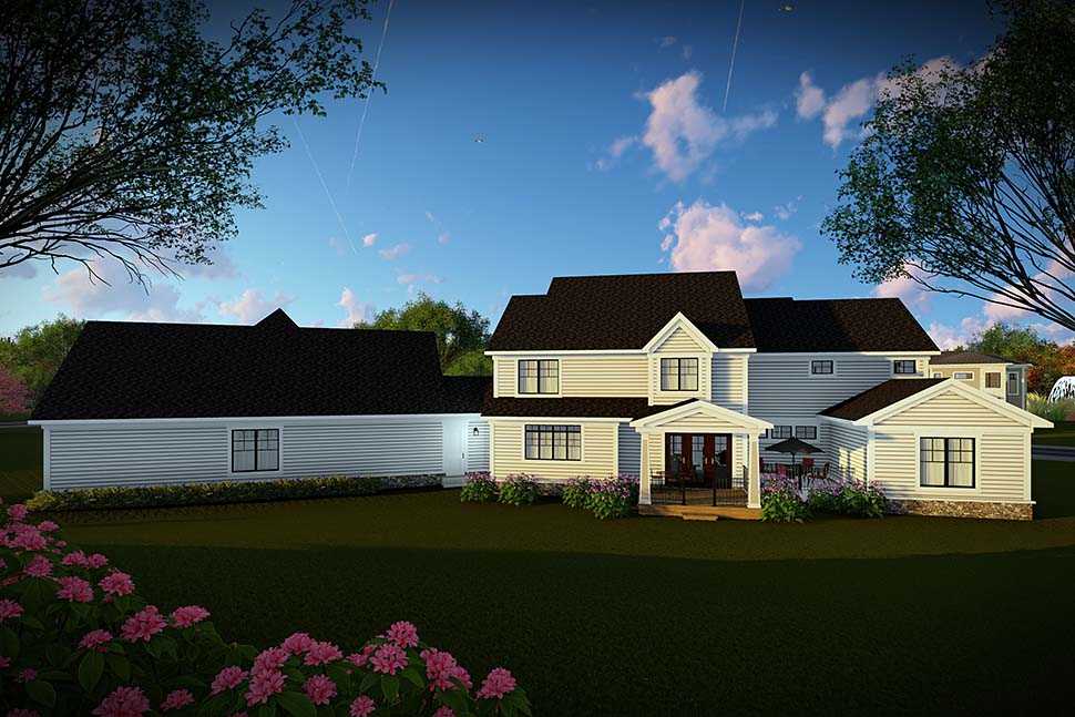 Country, Farmhouse, Southern Plan with 4724 Sq. Ft., 5 Bedrooms, 6 Bathrooms, 4 Car Garage Rear Elevation