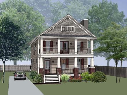 Colonial Country Craftsman Narrow Lot Southern Elevation of Plan 75587