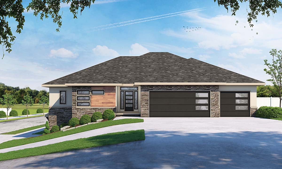 Contemporary, One-Story, Retro Plan with 3743 Sq. Ft., 5 Bedrooms, 4 Bathrooms, 3 Car Garage Elevation