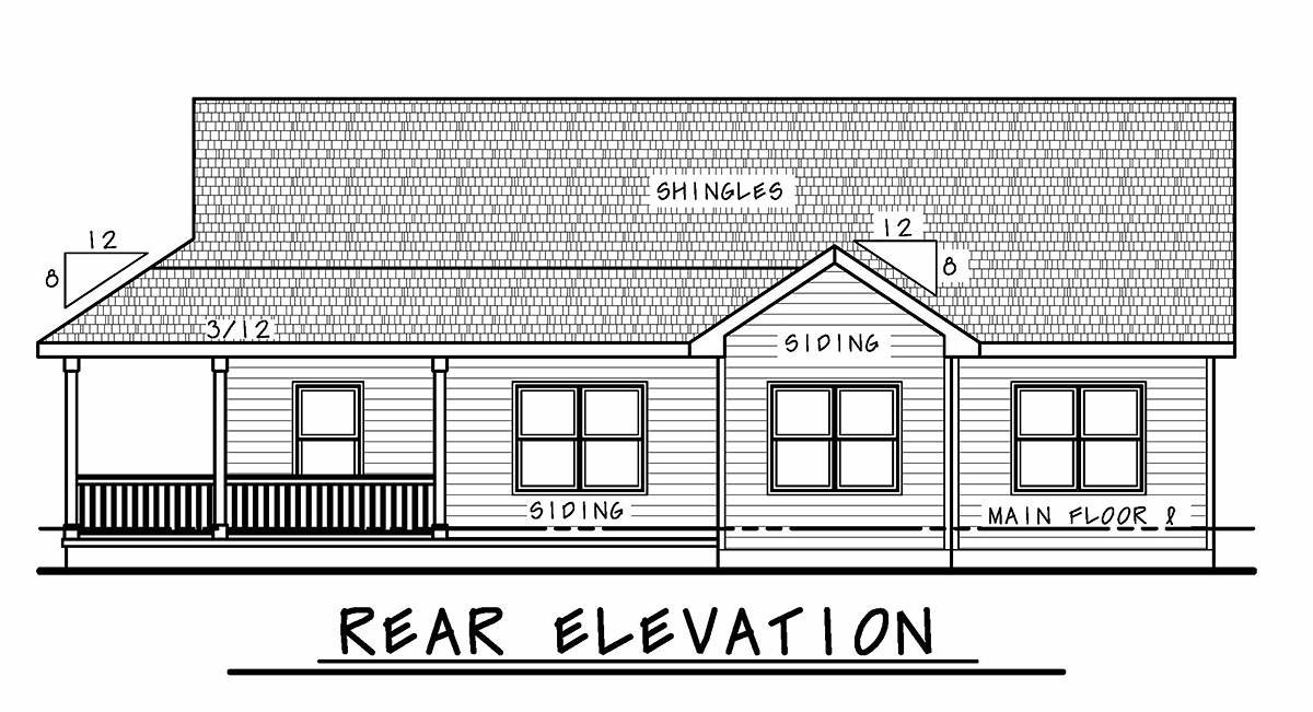 Country Farmhouse One-Story Rear Elevation of Plan 75714