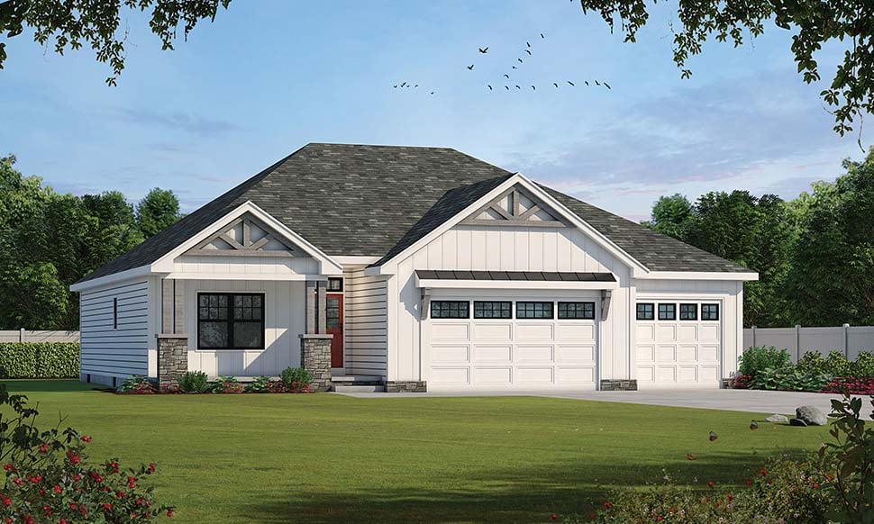 Farmhouse Plan with 1936 Sq. Ft., 3 Bedrooms, 3 Bathrooms, 3 Car Garage Picture 4