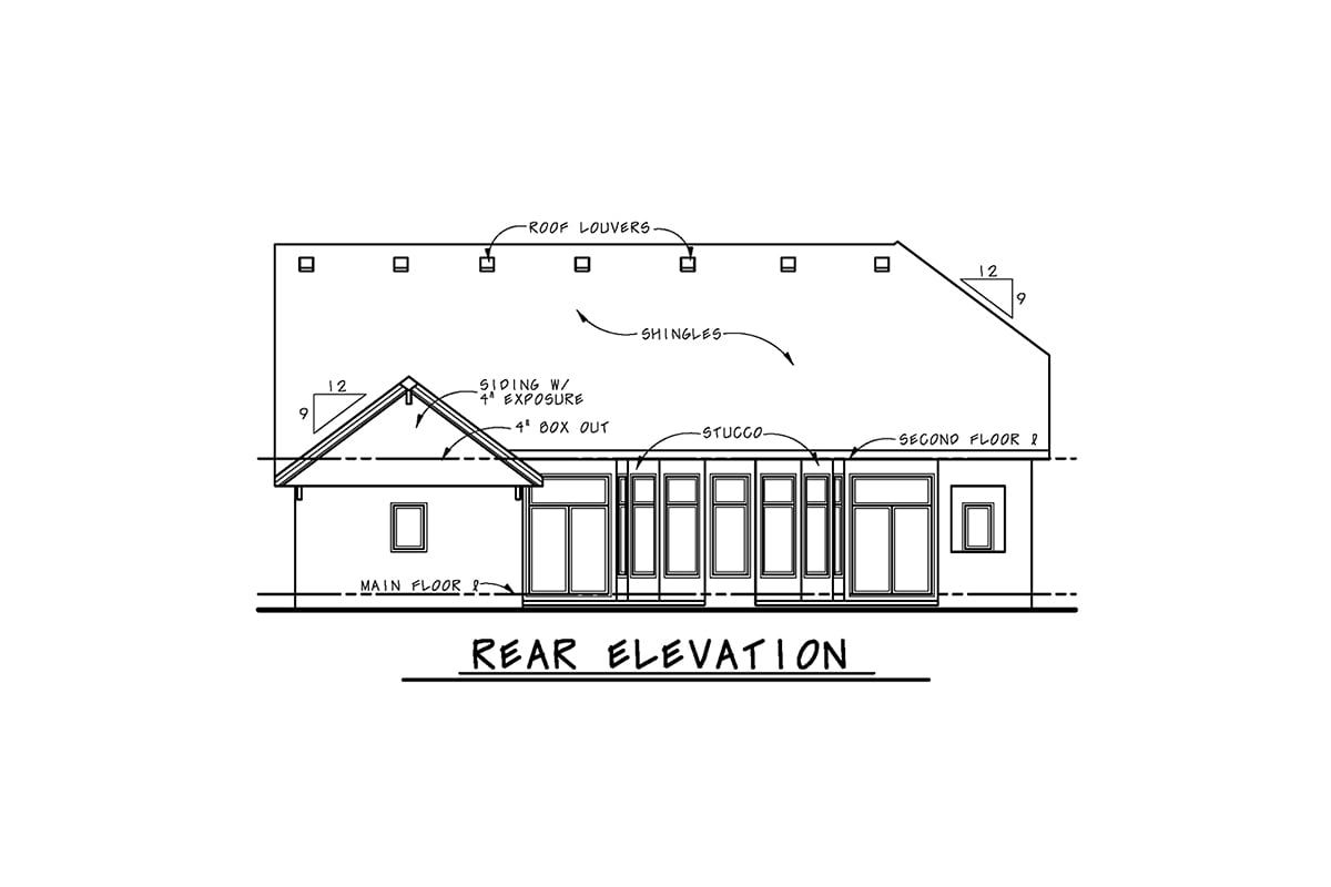 French Country Plan with 2782 Sq. Ft., 2 Bedrooms, 3 Bathrooms, 3 Car Garage Rear Elevation