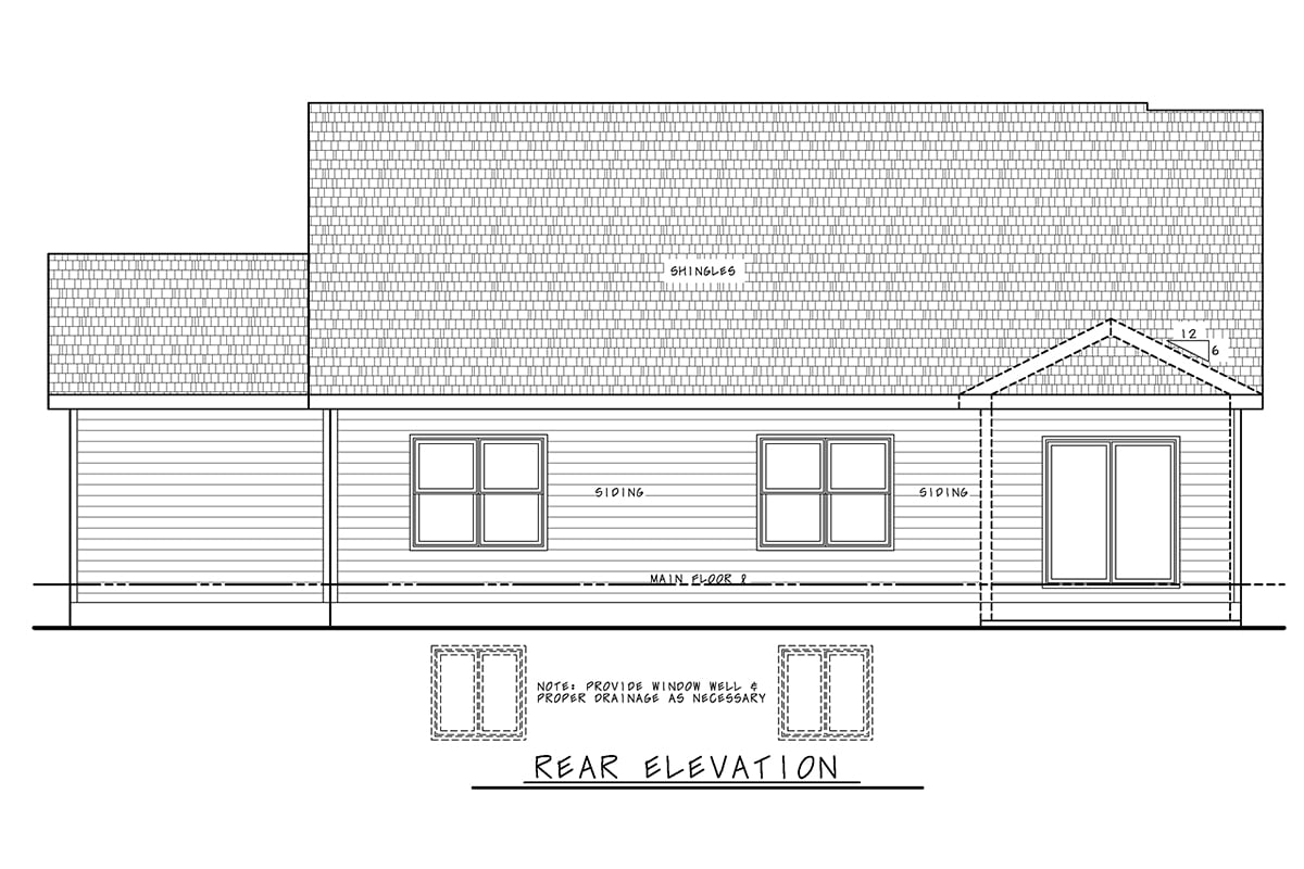 Farmhouse Plan with 1603 Sq. Ft., 3 Bedrooms, 2 Bathrooms, 3 Car Garage Rear Elevation