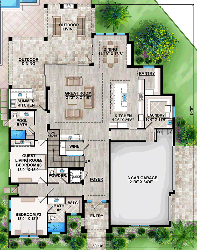 Coastal Florida Mediterranean Modern Prairie Style Level One of Plan 75973