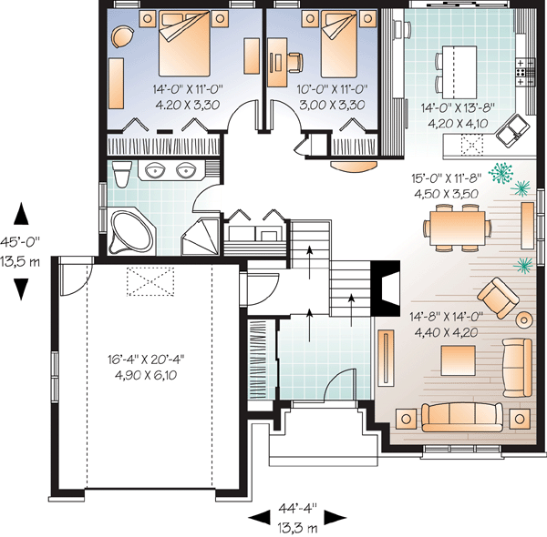 House Plan 76199 - European Style with 1370 Sq Ft, 2 Bed, 1 Bath