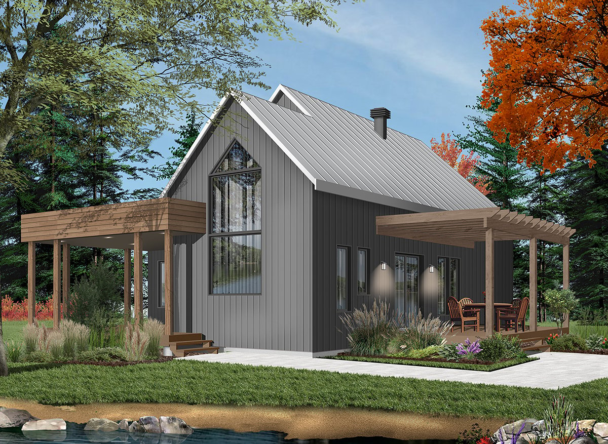 Contemporary, Cottage, Modern Plan with 1200 Sq. Ft., 2 Bedrooms, 1 Bathrooms Rear Elevation