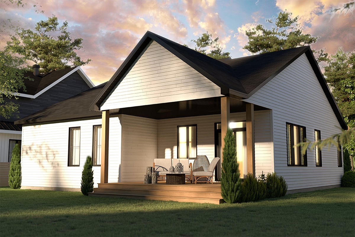Bungalow, Country, Craftsman, Farmhouse, Ranch Plan with 1440 Sq. Ft., 2 Bedrooms, 2 Bathrooms, 1 Car Garage Rear Elevation