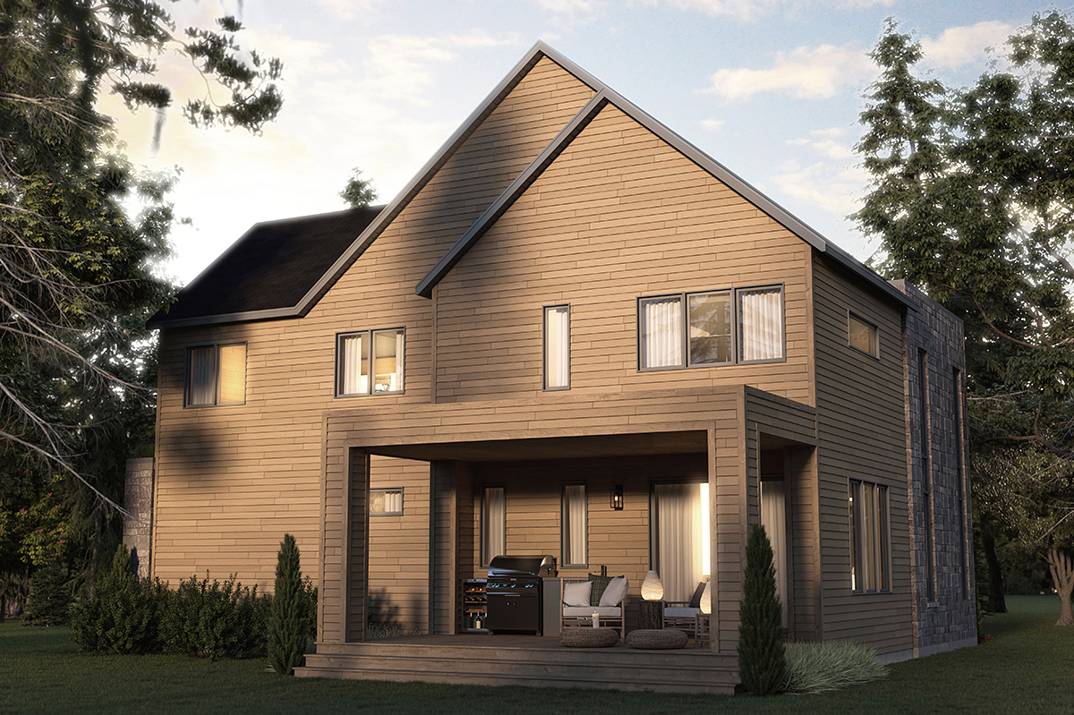 Contemporary, Modern Plan with 1912 Sq. Ft., 3 Bedrooms, 3 Bathrooms, 1 Car Garage Rear Elevation