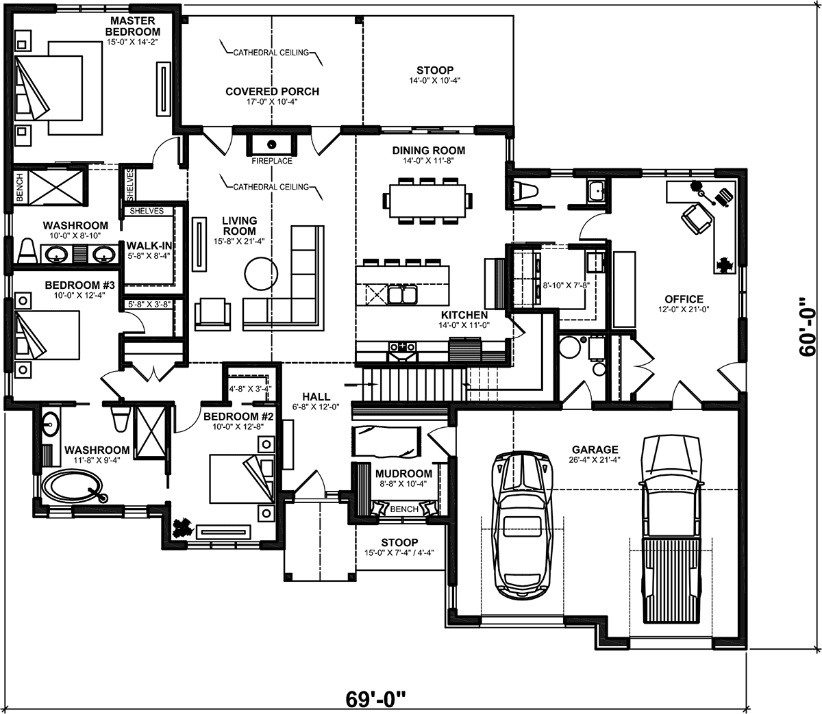 Country Craftsman Farmhouse Ranch Level One of Plan 76599