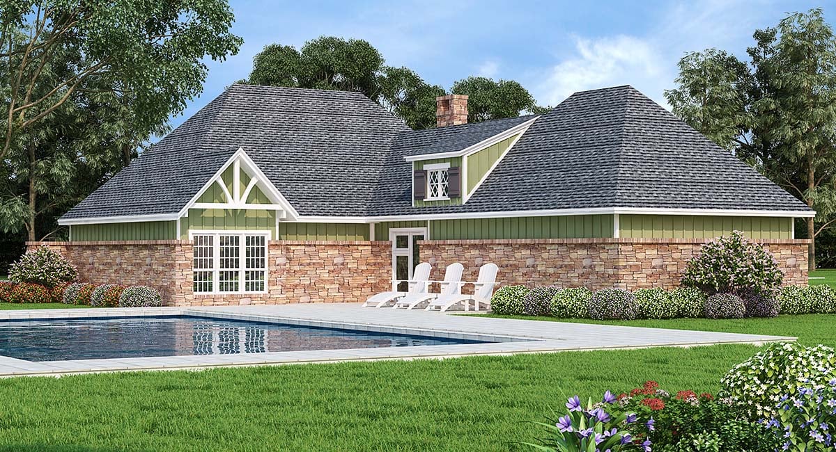 Craftsman Plan with 1292 Sq. Ft., 3 Bedrooms, 2 Bathrooms, 2 Car Garage Rear Elevation