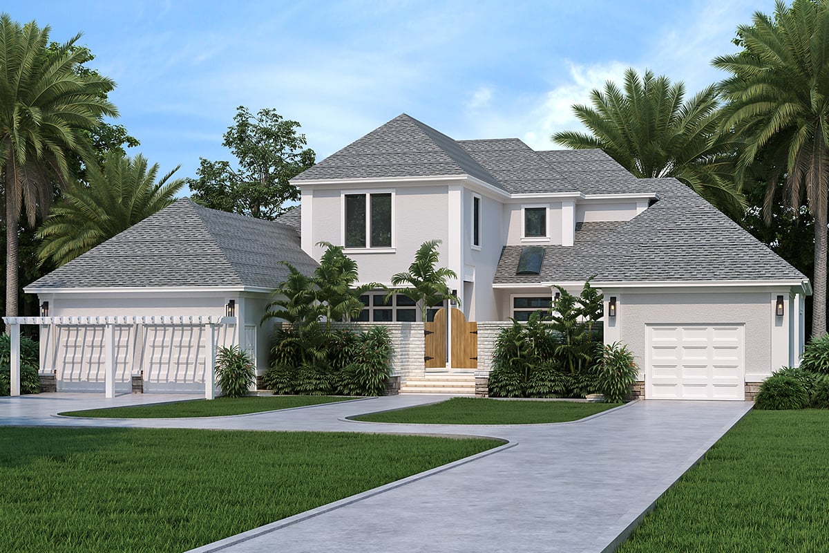 Coastal, Contemporary Plan with 4366 Sq. Ft., 4 Bedrooms, 5 Bathrooms, 3 Car Garage Rear Elevation