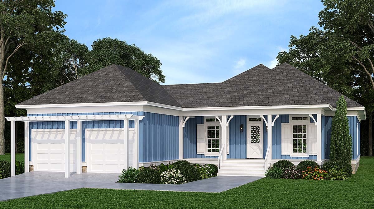 Colonial, Cottage, Country, European, Southern Plan with 1362 Sq. Ft., 3 Bedrooms, 2 Bathrooms, 2 Car Garage Elevation