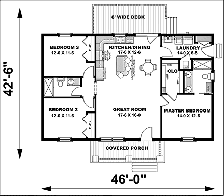 Country, Ranch House Plan 77406 with 3 Beds, 2 Baths First Level Plan