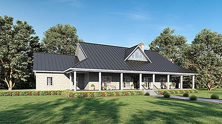 Country Farmhouse Ranch Southern Elevation of Plan 77409