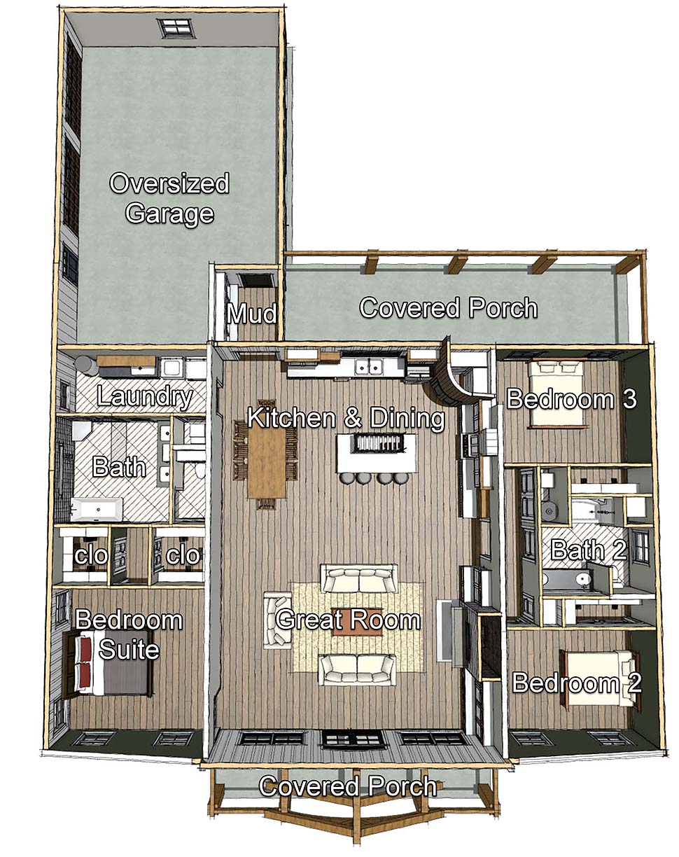 Barndominium, Farmhouse Plan with 2460 Sq. Ft., 3 Bedrooms, 2 Bathrooms, 2 Car Garage Picture 8