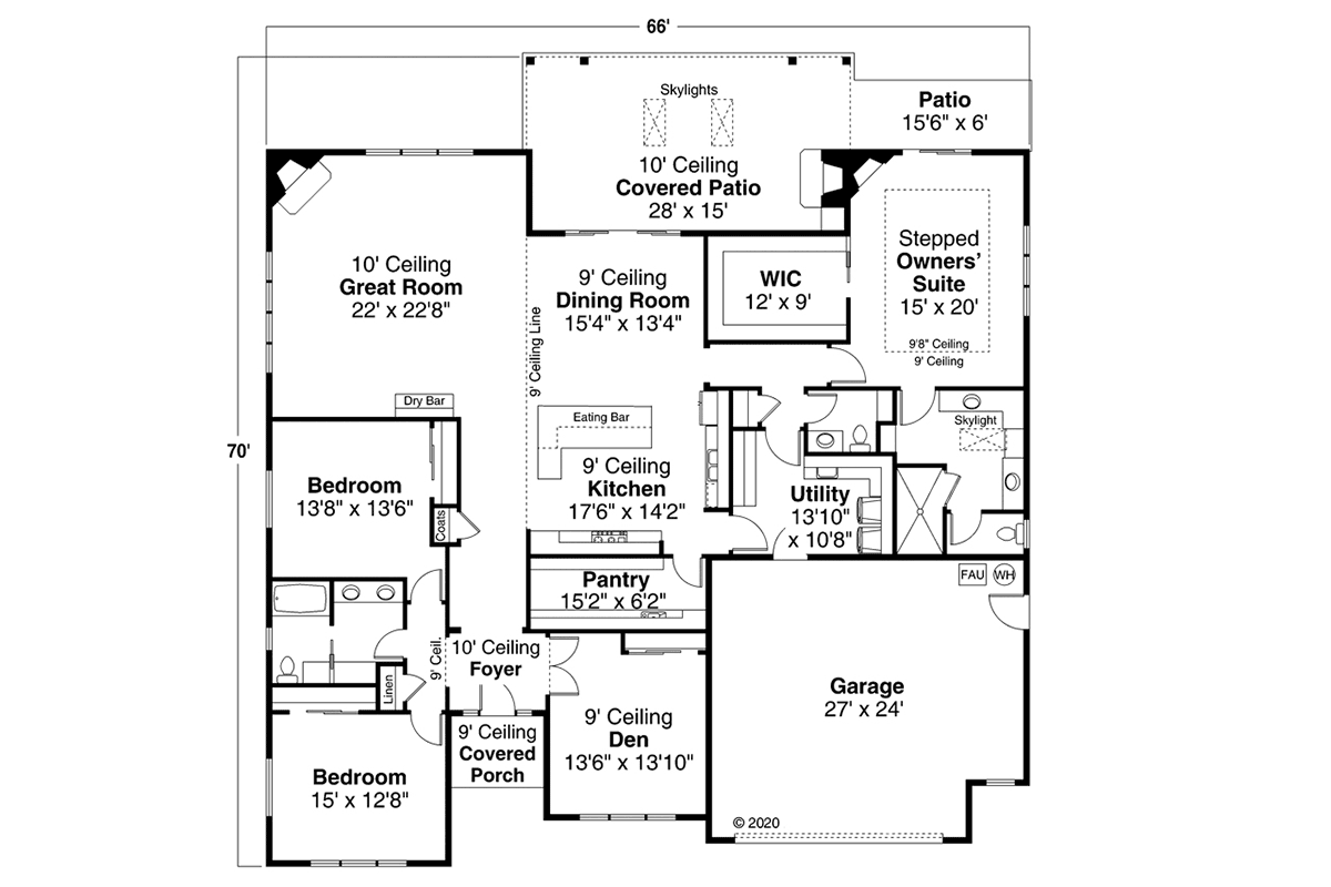 Prairie Style Ranch Traditional Level One of Plan 78406