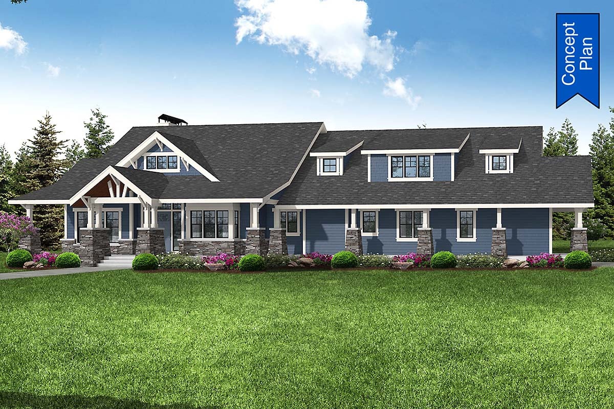 Craftsman, Ranch Plan with 4656 Sq. Ft., 4 Bedrooms, 4 Bathrooms, 2 Car Garage Elevation