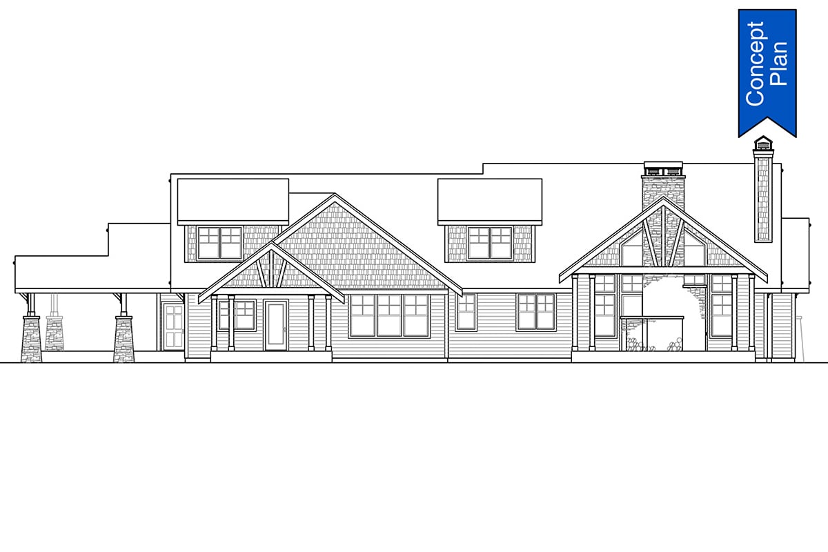 Craftsman, Ranch Plan with 4656 Sq. Ft., 4 Bedrooms, 4 Bathrooms, 2 Car Garage Rear Elevation