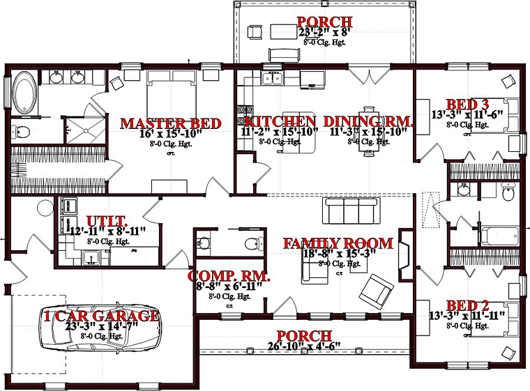 Ranch Traditional Level One of Plan 78652