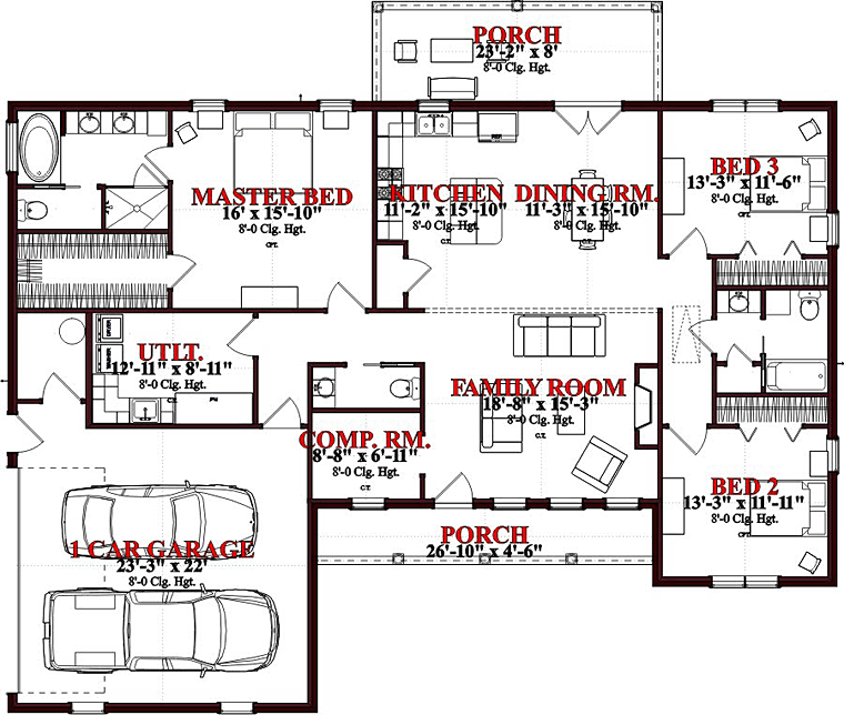 Ranch Traditional Level One of Plan 78653