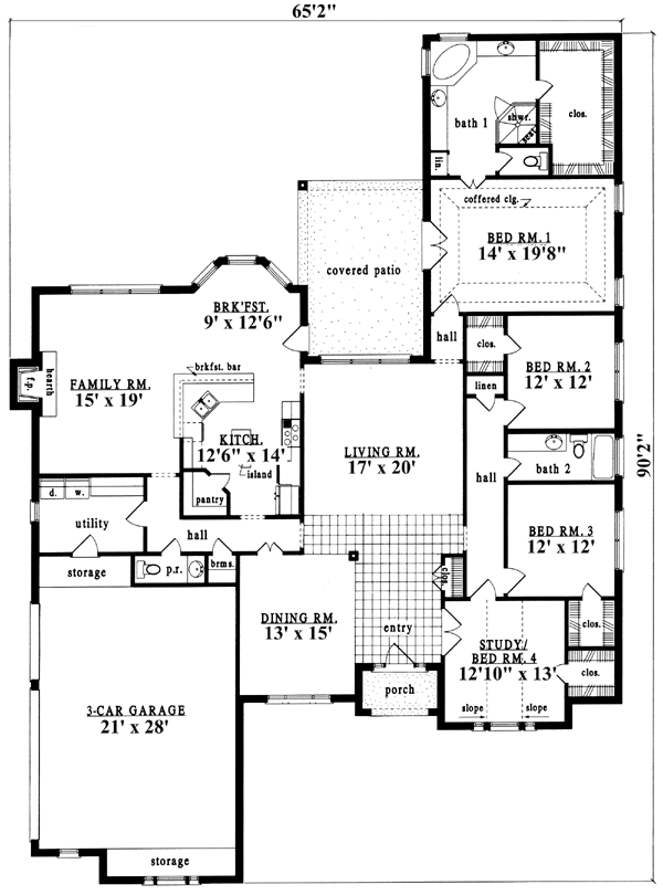 Plan 79222 | One-Story Style with 4 Bed, 3 Bath, 3 Car Garage