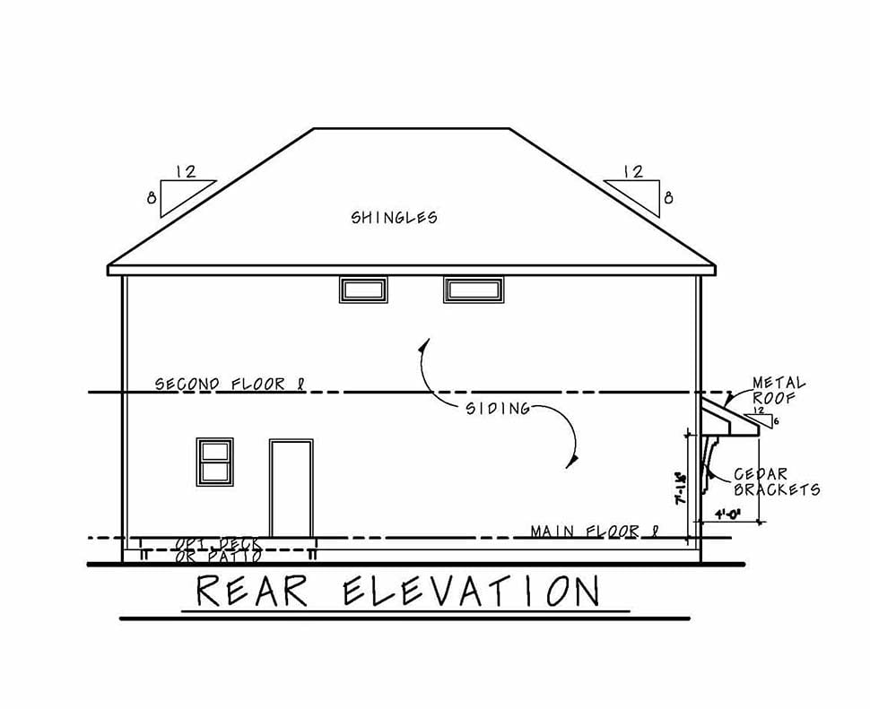 Cottage, Country, Craftsman, Traditional Plan with 2506 Sq. Ft., 4 Bedrooms, 4 Bathrooms, 2 Car Garage Rear Elevation