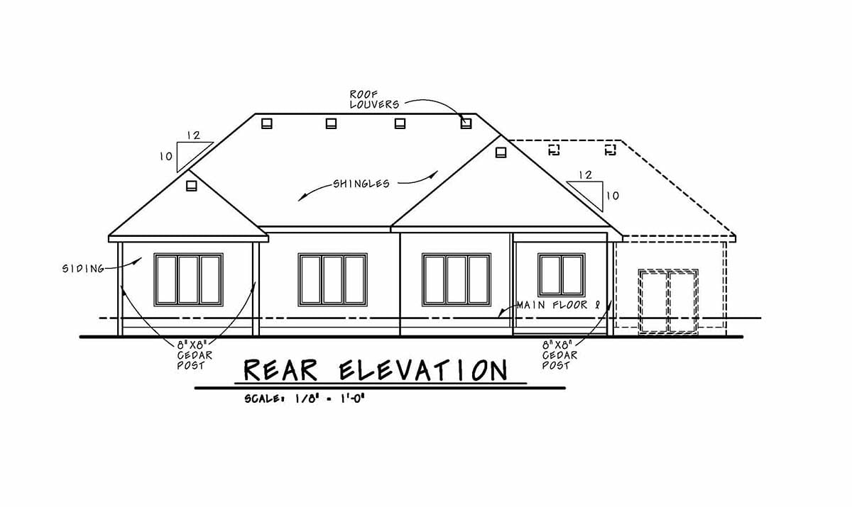 Cottage Country Ranch Rear Elevation of Plan 80450