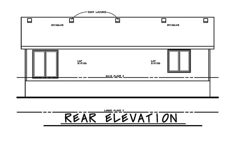 Traditional Plan with 1150 Sq. Ft., 3 Bedrooms, 2 Bathrooms, 2 Car Garage Rear Elevation