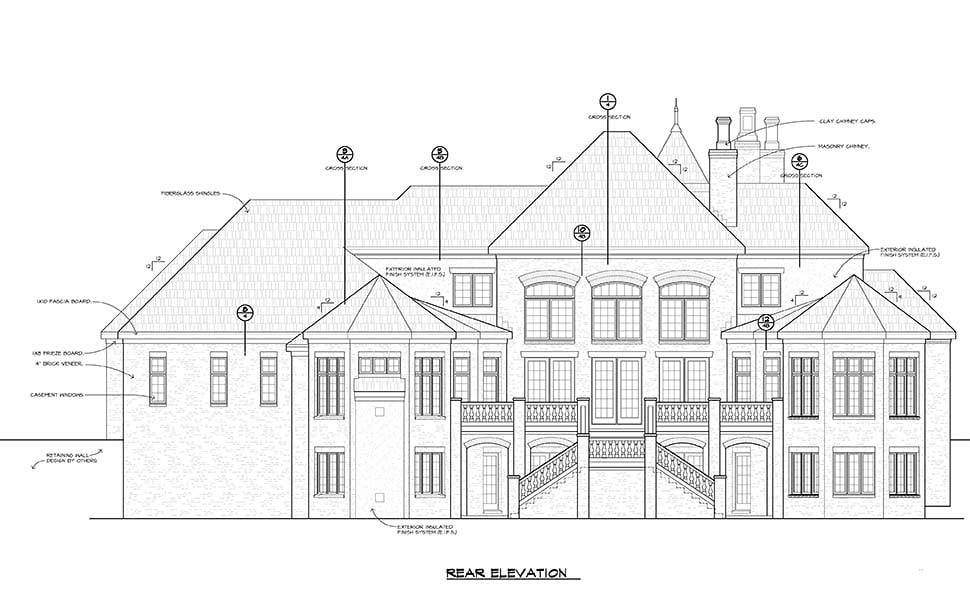 European Plan with 4583 Sq. Ft., 4 Bedrooms, 6 Bathrooms, 3 Car Garage Rear Elevation