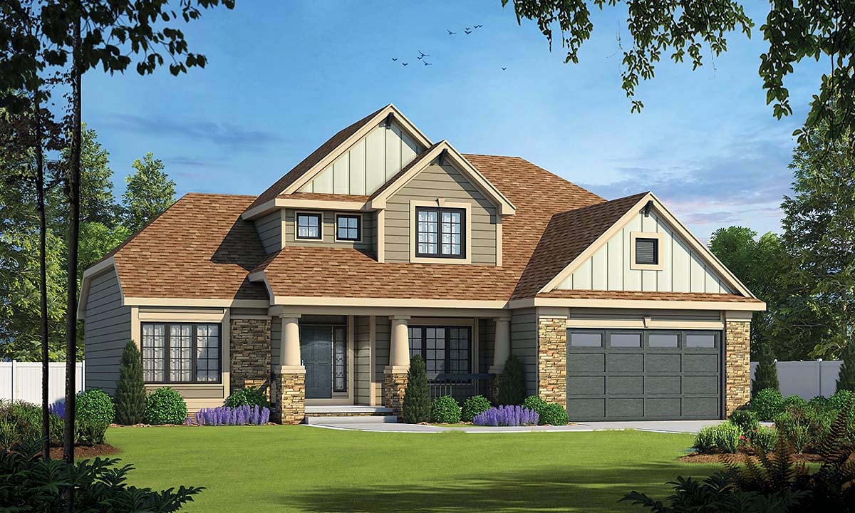 Craftsman, Traditional Plan with 2196 Sq. Ft., 4 Bedrooms, 3 Bathrooms, 2 Car Garage Elevation