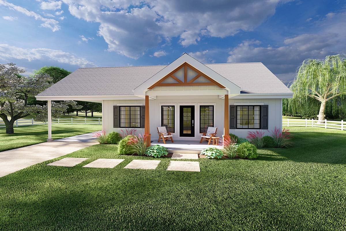 Cabin, Country, Ranch Plan with 1064 Sq. Ft., 2 Bedrooms, 2 Bathrooms, 1 Car Garage Elevation