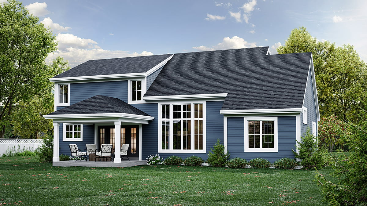 Cape Cod, Cottage, European, Traditional Plan with 2052 Sq. Ft., 4 Bedrooms, 3 Bathrooms, 2 Car Garage Rear Elevation