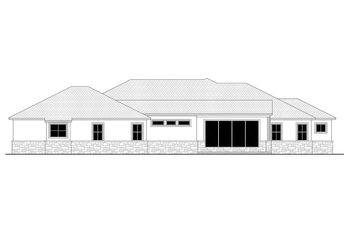 Country, Farmhouse, Ranch Plan with 3078 Sq. Ft., 3 Bedrooms, 4 Bathrooms, 3 Car Garage Rear Elevation