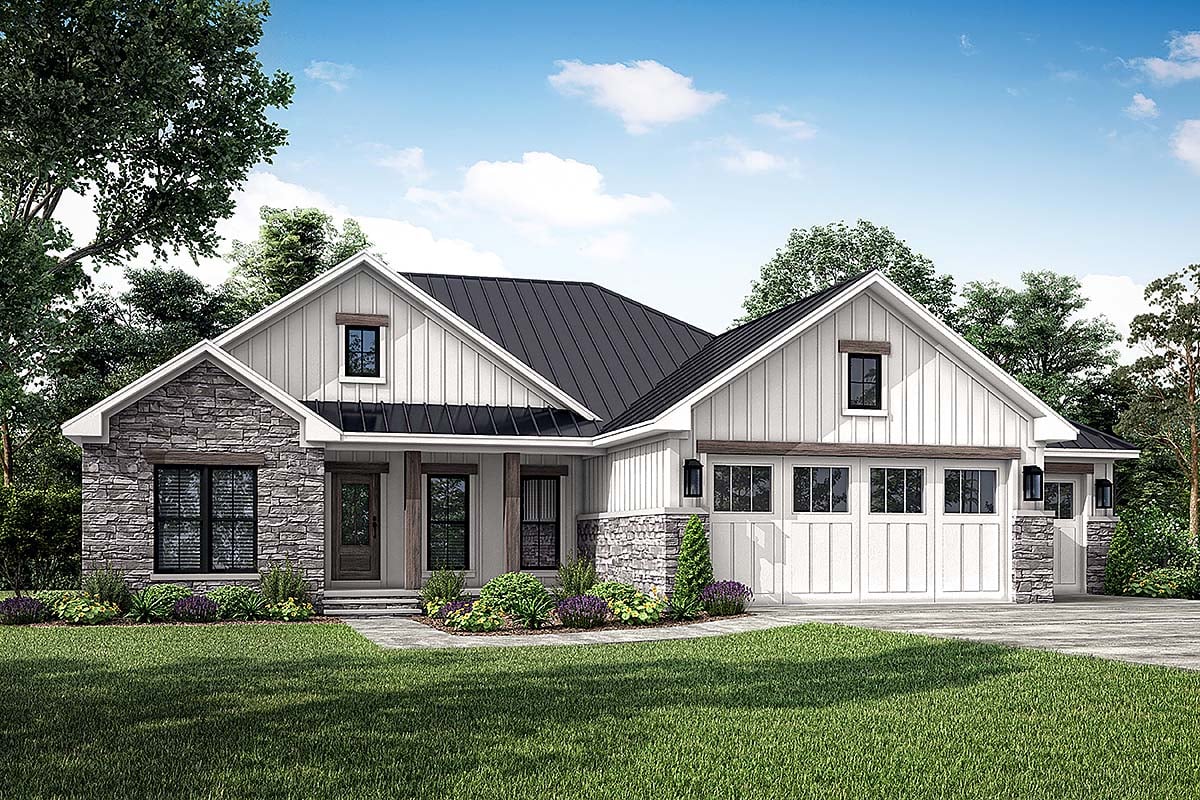 Country, Farmhouse, New American Style, Traditional Plan with 1498 Sq. Ft., 3 Bedrooms, 2 Bathrooms, 3 Car Garage Elevation