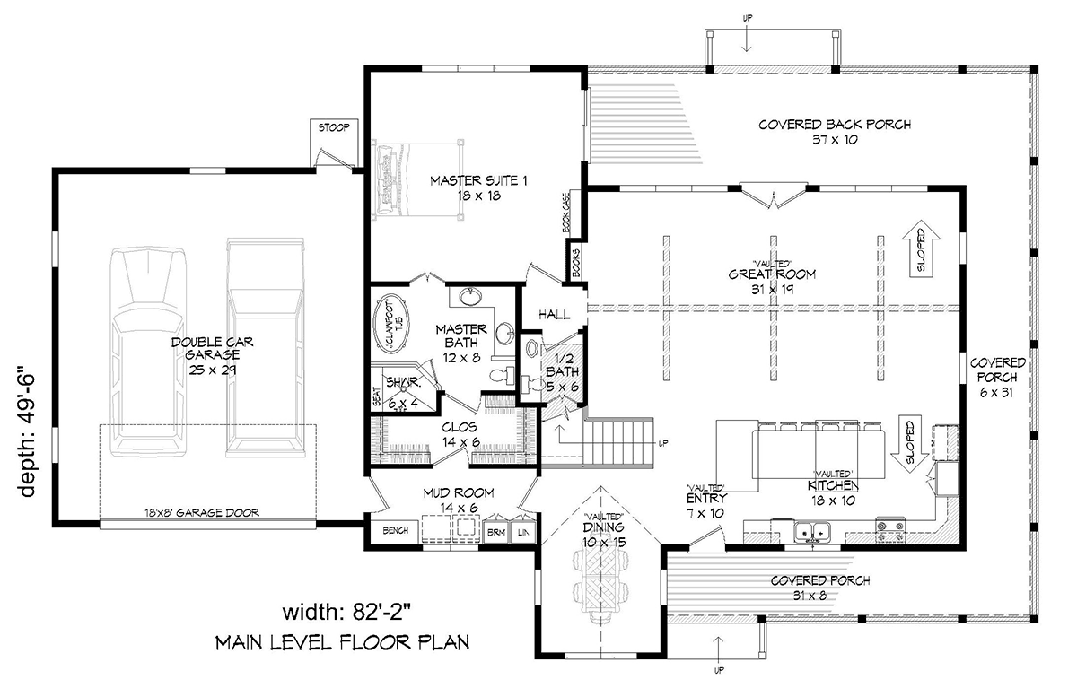 Country Farmhouse Ranch Traditional Level One of Plan 80986