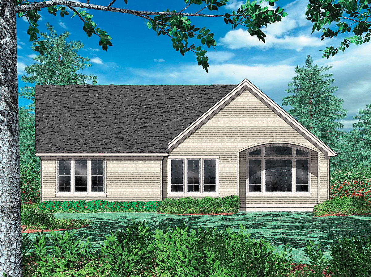 Cottage, Craftsman, French Country, Traditional Plan with 1580 Sq. Ft., 3 Bedrooms, 3 Bathrooms, 2 Car Garage Rear Elevation