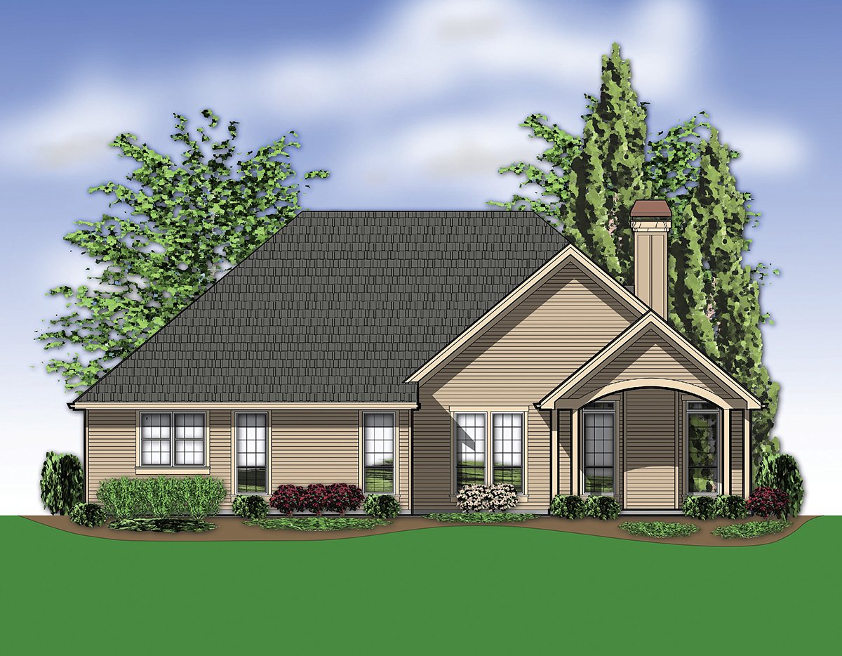 Craftsman, Ranch, Traditional Plan with 2013 Sq. Ft., 3 Bedrooms, 2 Bathrooms, 3 Car Garage Rear Elevation