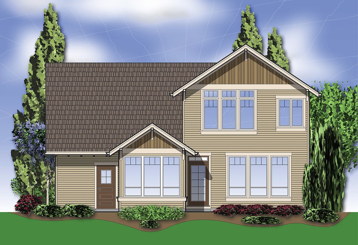 Craftsman, Traditional Plan with 1943 Sq. Ft., 3 Bedrooms, 3 Bathrooms, 3 Car Garage Rear Elevation