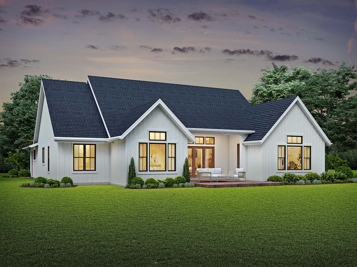 Country, Farmhouse, Southern Plan with 2576 Sq. Ft., 3 Bedrooms, 3 Bathrooms, 3 Car Garage Rear Elevation