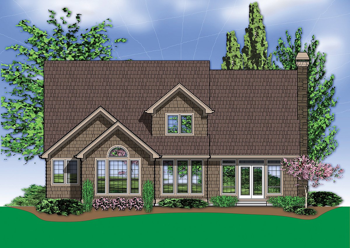 Craftsman, European, French Country, Traditional Plan with 2196 Sq. Ft., 4 Bedrooms, 3 Bathrooms, 3 Car Garage Rear Elevation
