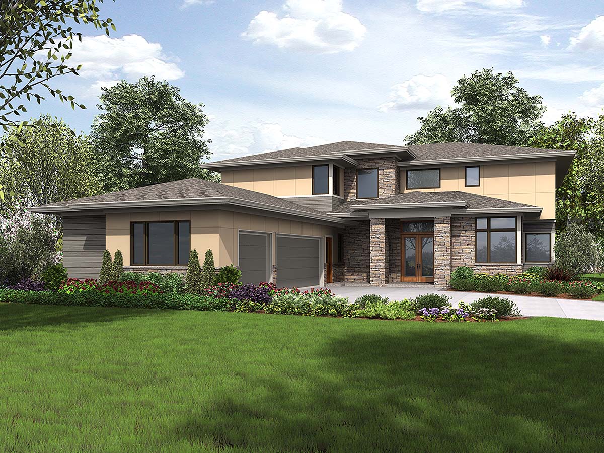 Contemporary, Prairie Style Plan with 4106 Sq. Ft., 4 Bedrooms, 5 Bathrooms, 3 Car Garage Elevation