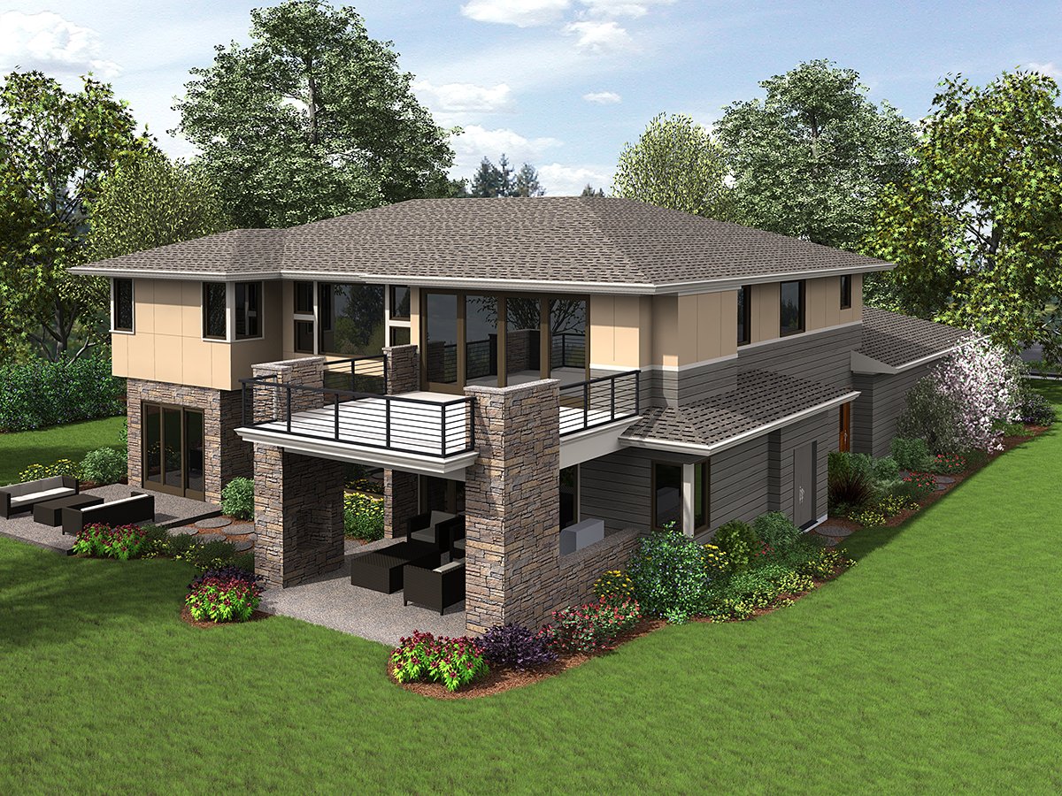 Contemporary, Prairie Style Plan with 4106 Sq. Ft., 4 Bedrooms, 5 Bathrooms, 3 Car Garage Rear Elevation