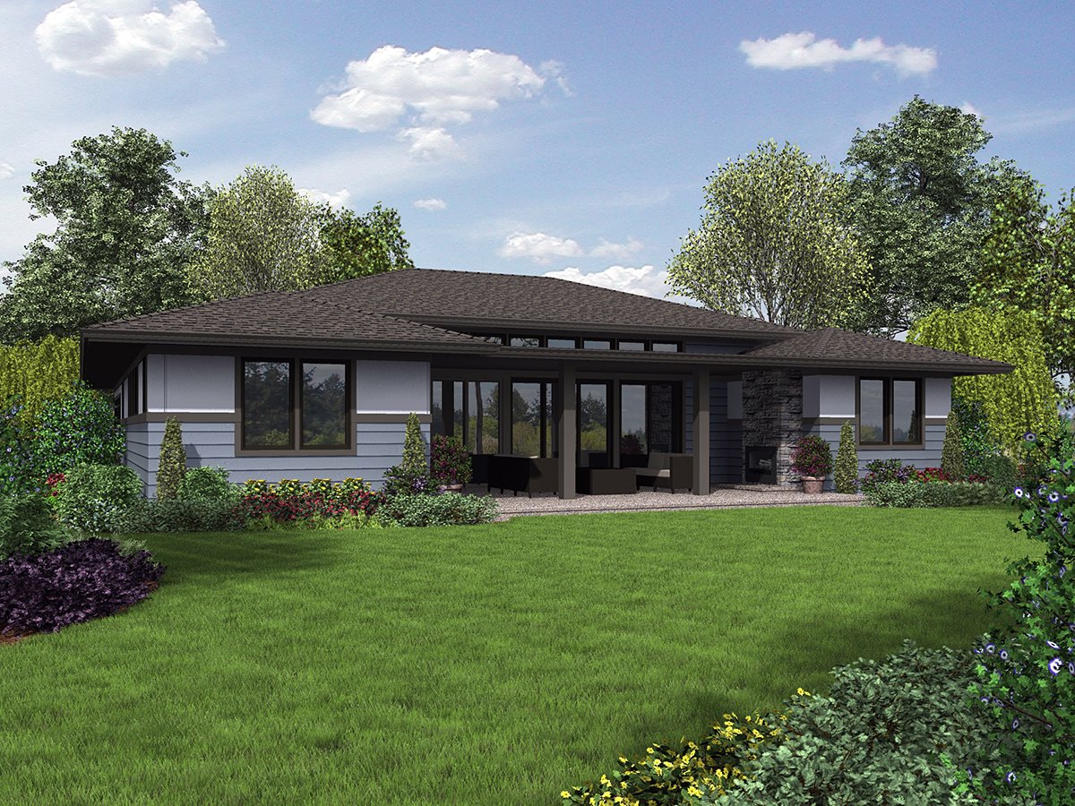 Contemporary Prairie Style Ranch Rear Elevation of Plan 81263