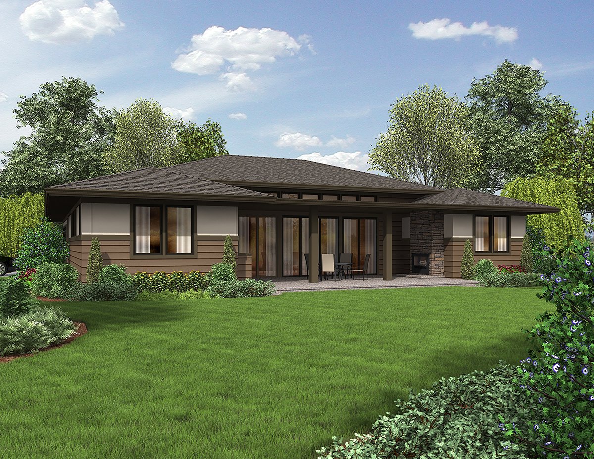 Contemporary Prairie Style Ranch Rear Elevation of Plan 81285