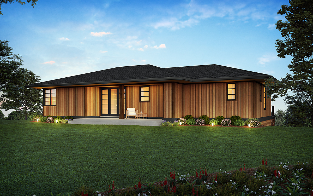Contemporary, Prairie Style Plan with 2098 Sq. Ft., 4 Bedrooms, 3 Bathrooms, 3 Car Garage Rear Elevation