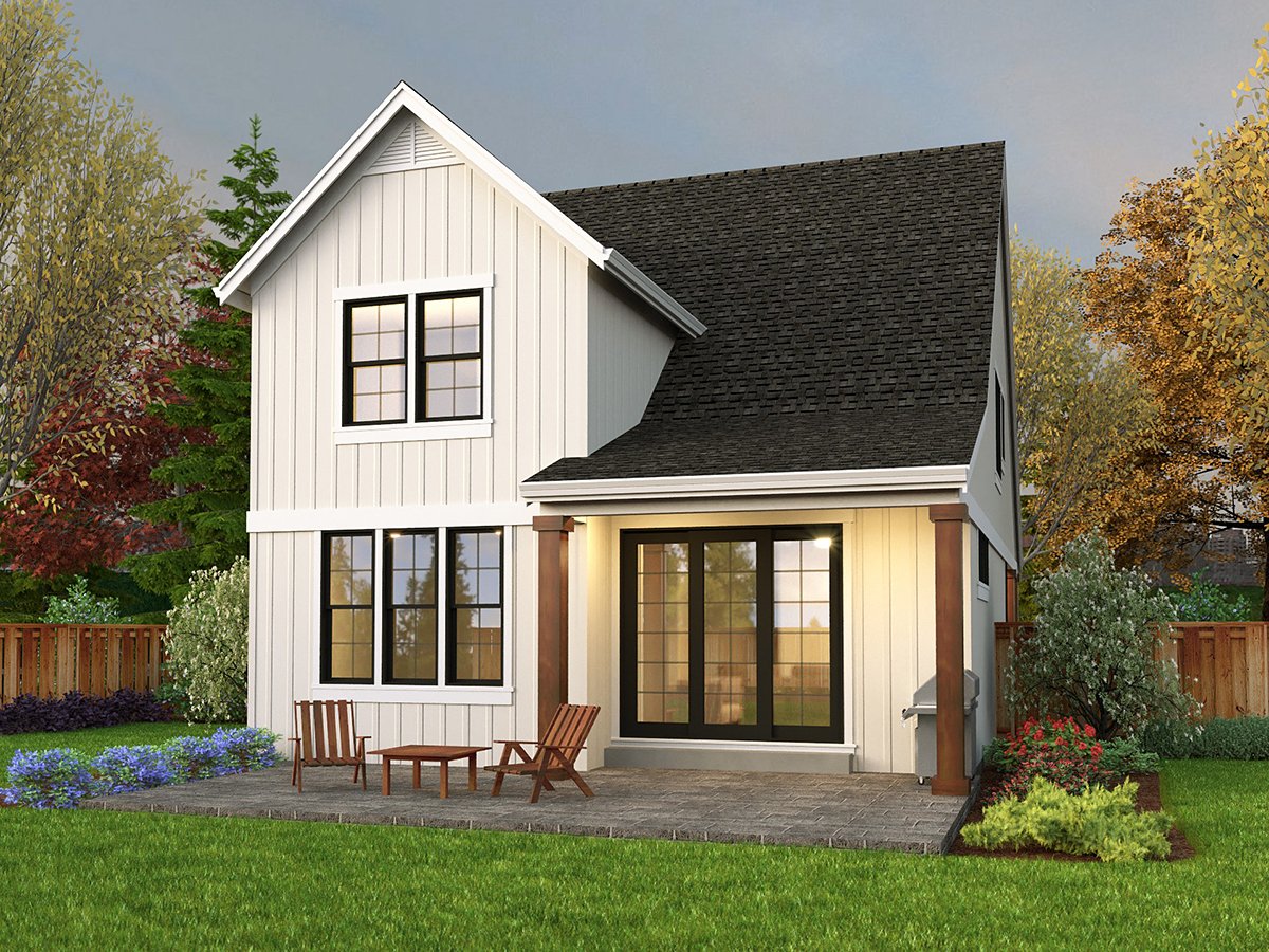 Cottage, Country, Farmhouse Plan with 1855 Sq. Ft., 4 Bedrooms, 3 Bathrooms, 1 Car Garage Rear Elevation