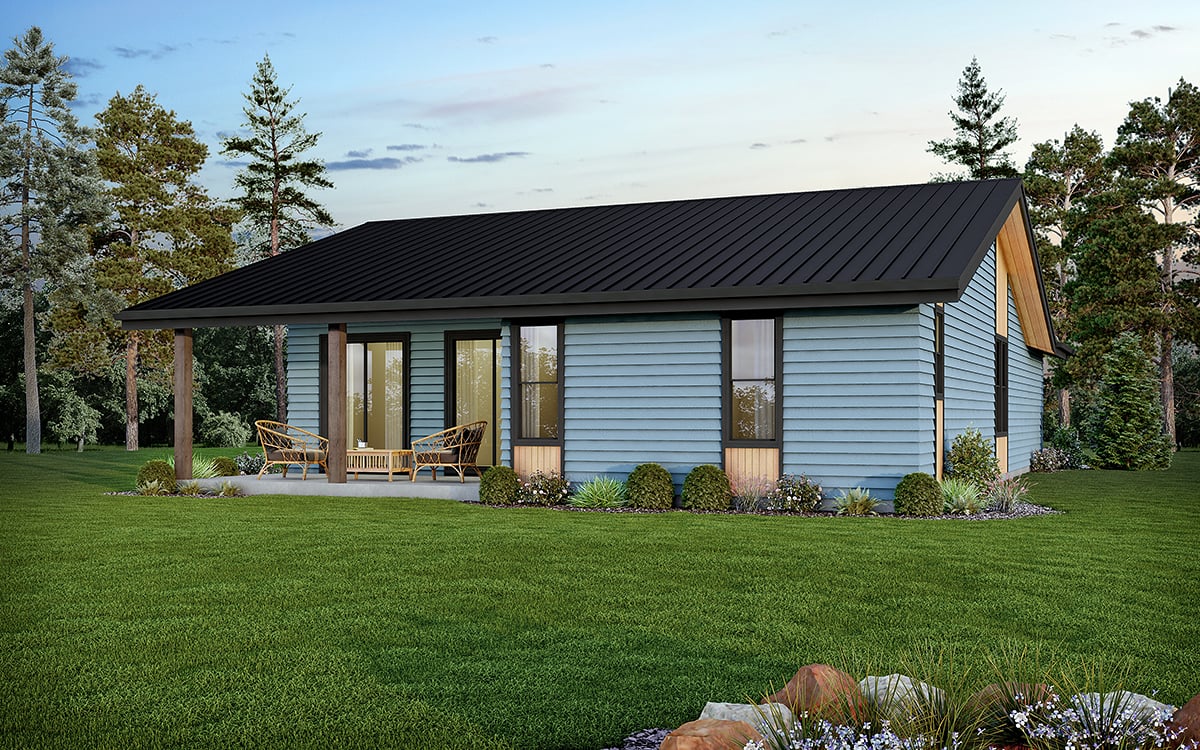 Contemporary Plan with 1427 Sq. Ft., 3 Bedrooms, 2 Bathrooms, 2 Car Garage Rear Elevation