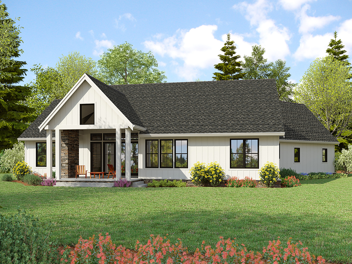 Contemporary Farmhouse Ranch Rear Elevation of Plan 81355