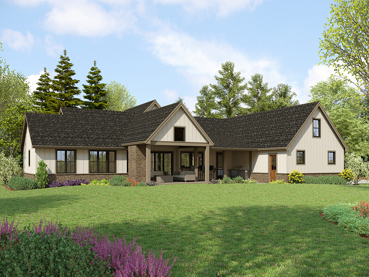 Farmhouse Ranch Rear Elevation of Plan 81370