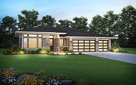 Prairie Style Ranch Elevation of Plan 81379